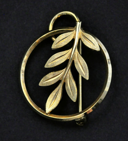 14K Gold Filled Van Dell Leaf Branch Circle Brooch Pendant - Signed VD, 14K GF Leaf Pendant Pin