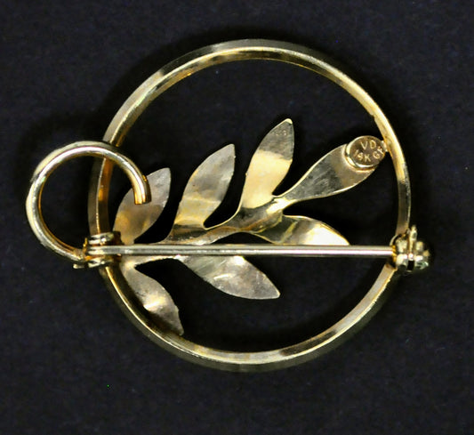 14K Gold Filled Van Dell Leaf Branch Circle Brooch Pendant - Signed VD, 14K GF Leaf Pendant Pin
