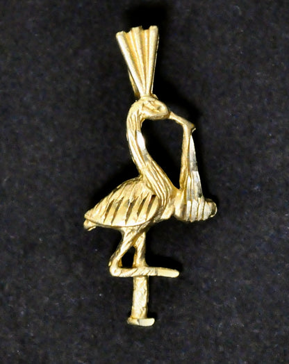 14K Yellow Gold Stork with a Baby Charm - Stamped 14K Gold - Vintage 1980s Baby Shower Stork Gold Charm