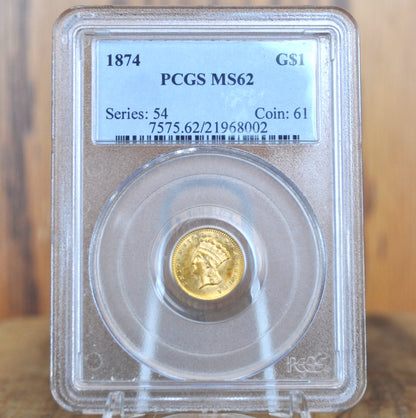 PCGS MS62 1874 Indian Princess Head One Dollar Gold Coin (Type 3) - PCGS Slabbed and Graded MS62, Beautiful Coin - 1 Dollar Gold 1874 Indian Princess