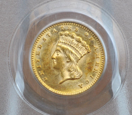 PCGS MS62 1874 Indian Princess Head One Dollar Gold Coin (Type 3) - PCGS Slabbed and Graded MS62, Beautiful Coin - 1 Dollar Gold 1874 Indian Princess
