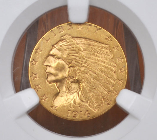NGC AU55 1914 2.5 Dollar Gold Coin - NGC Slabbed and Graded AU55, Beautiful Coin - Two and a Half Dollar Gold 1914 Indian Head Gold