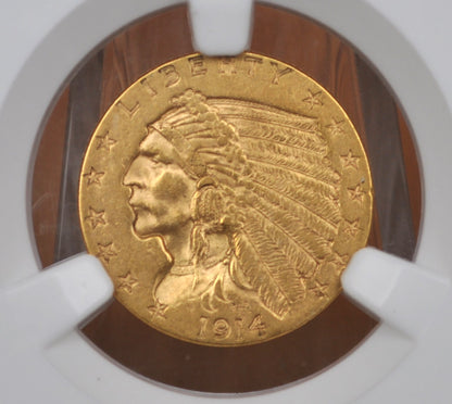 NGC AU55 1914 2.5 Dollar Gold Coin - NGC Slabbed and Graded AU55, Beautiful Coin - Two and a Half Dollar Gold 1914 Indian Head Gold
