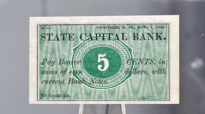 1862 State Capital Bank 5 Cents Merchant Scrip Note - Unissued Remainder - New Hampshire Obsolete - 1862 Concord NH Five Cent Banknote