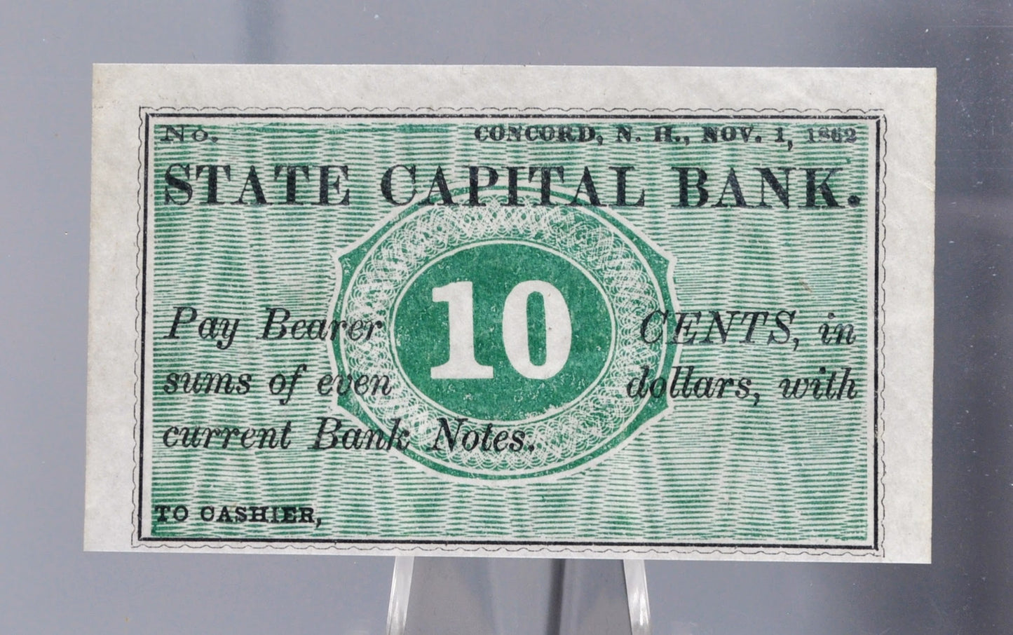 1862 State Capital Bank 10 Cents Merchant Scrip Note - Unissued Remainder - New Hampshire Obsolete - 1862 Concord NH Ten Cent Banknote