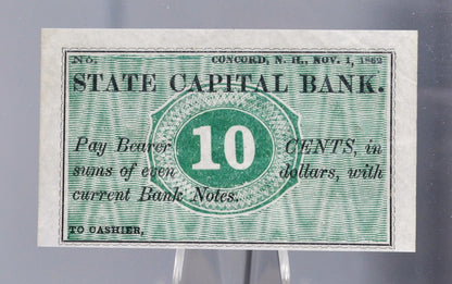 1862 State Capital Bank 10 Cents Merchant Scrip Note - Unissued Remainder - New Hampshire Obsolete - 1862 Concord NH Ten Cent Banknote