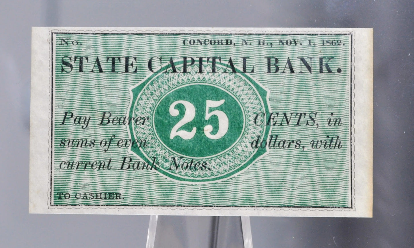 1862 State Capital Bank 25 Cents Merchant Scrip Note - Unissued Remainder - New Hampshire Obsolete - 1862 Concord NH Twenty-Five Cent Note