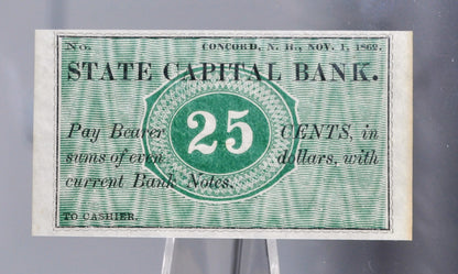 1862 State Capital Bank 25 Cents Merchant Scrip Note - Unissued Remainder - New Hampshire Obsolete - 1862 Concord NH Twenty-Five Cent Note