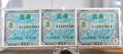 1945 Allied Military 1 Yen Japan Sequential Notes - 3 Consecutive Serial Numbers! - B Yen, A-A - 1945 Allied Japanese One Yen Trio - P#67a
