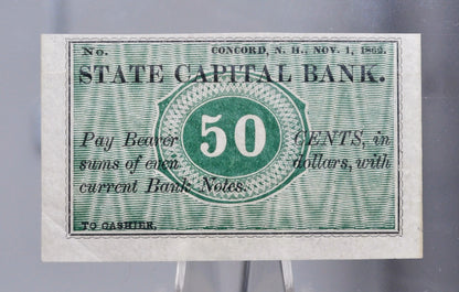1862 State Capital Bank 50 Cents Merchant Scrip Note - Unissued Remainder - New Hampshire Obsolete - 1862 Concord NH Fifty Cent Banknote