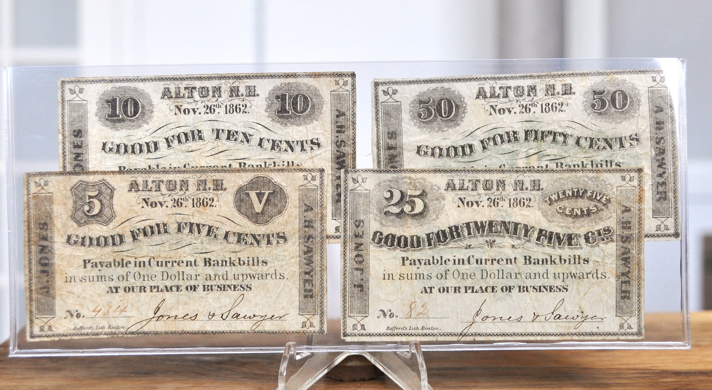 1862 Alton NH Jones and Sawyer Merchant Scrip Full Set - 5c, 10c, 25c, and 50c - Nov 26th, 1862 - Civil War Era New Hampshire Obsolete Notes