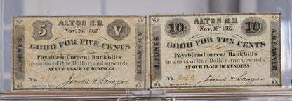 1862 Alton NH Jones and Sawyer Merchant Scrip Full Set - 5c, 10c, 25c, and 50c - Nov 26th, 1862 - Civil War Era New Hampshire Obsolete Notes