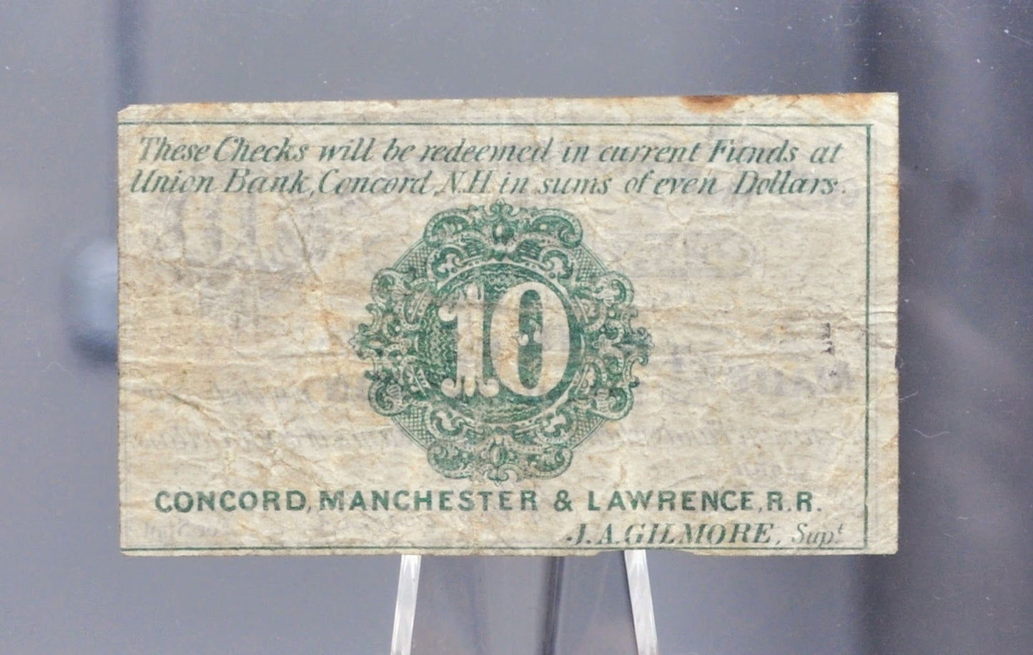 1862 Concord, Manchester & Lawrence Railroad 10 Cents Scrip - Dec. 1st, 1862 - Rare Civil War New Hampshire Railroad Obsolete Ten Cent Note