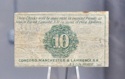 1862 Concord, Manchester & Lawrence Railroad 10 Cents Scrip - Dec. 1st, 1862 - Rare Civil War New Hampshire Railroad Obsolete Ten Cent Note