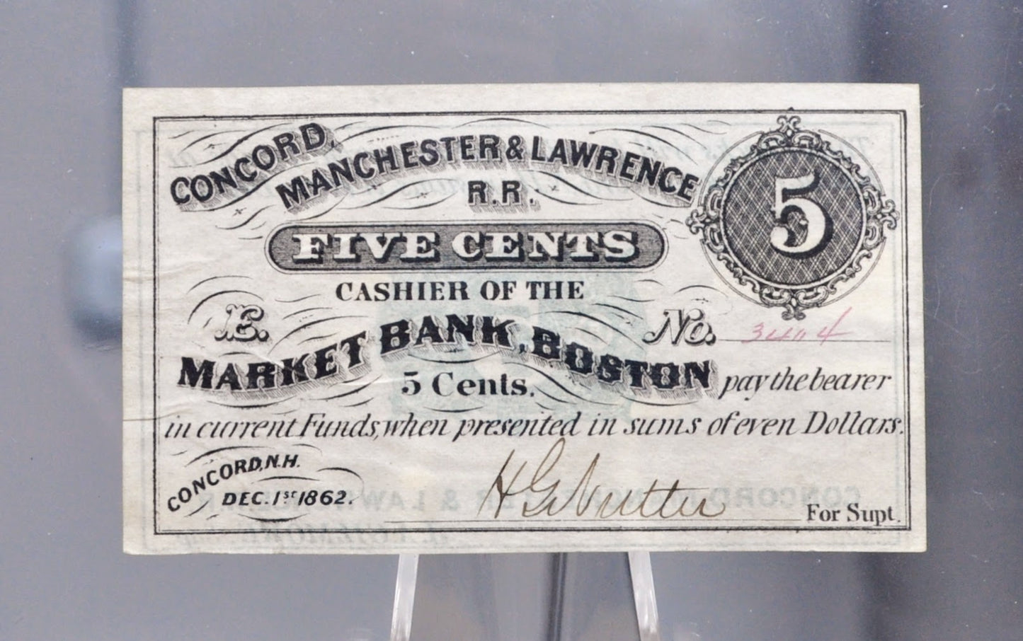 1862 Concord, Manchester & Lawrence Railroad 5 Cents Scrip - Dec. 1st, 1862 - Rare Civil War New Hampshire Railroad Obsolete Five Cent Note