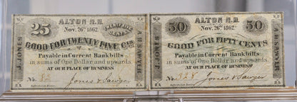 1862 Alton NH Jones and Sawyer Merchant Scrip Full Set - 5c, 10c, 25c, and 50c - Nov 26th, 1862 - Civil War Era New Hampshire Obsolete Notes