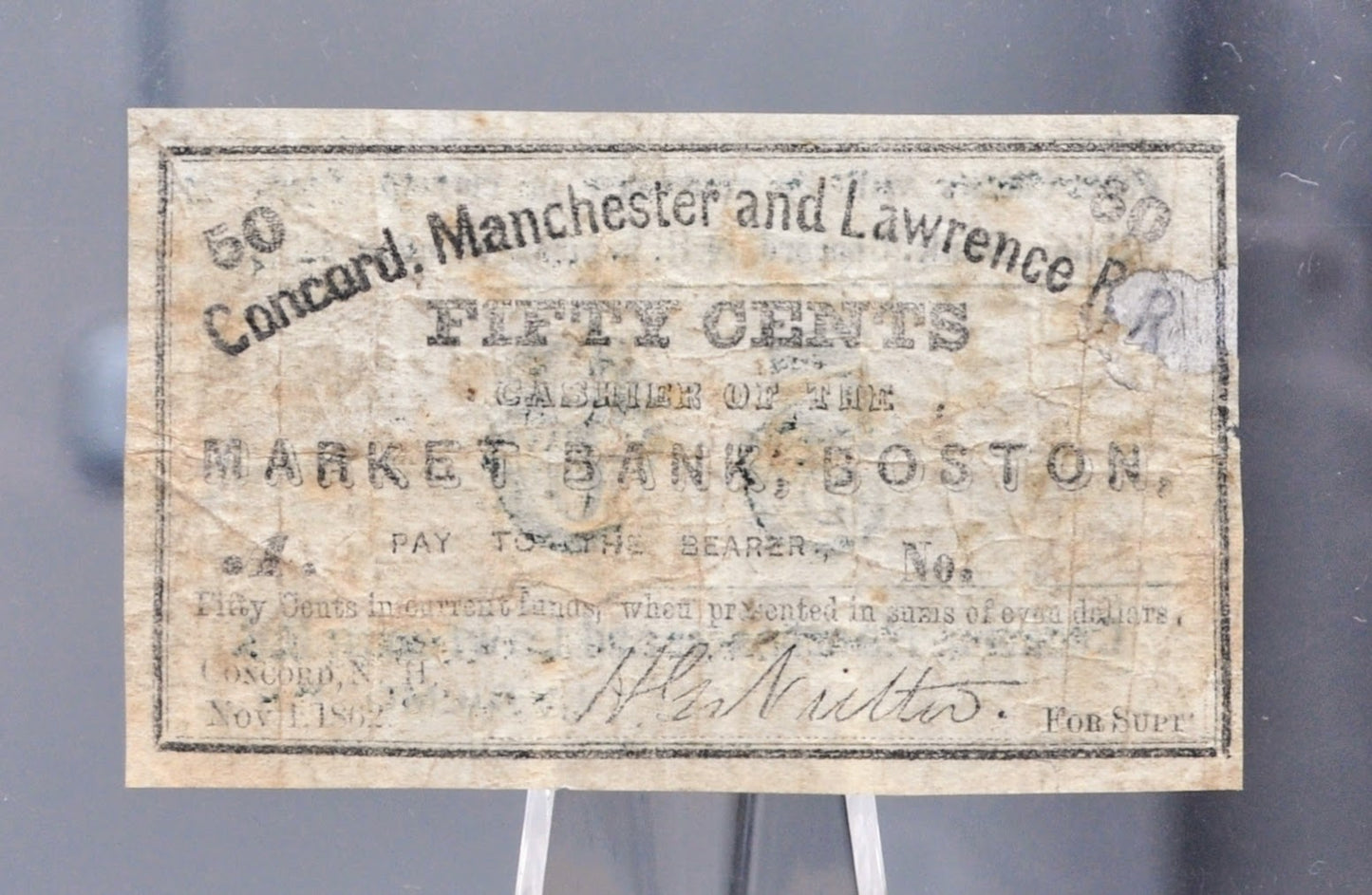 1862 Concord, Manchester & Lawrence Railroad 50 Cents Scrip - Nov 1st, 1862 - Rare Civil War New Hampshire Railroad Obsolete Fifty Cent Note