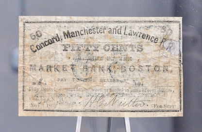 1862 Concord, Manchester & Lawrence Railroad 50 Cents Scrip - Nov 1st, 1862 - Rare Civil War New Hampshire Railroad Obsolete Fifty Cent Note