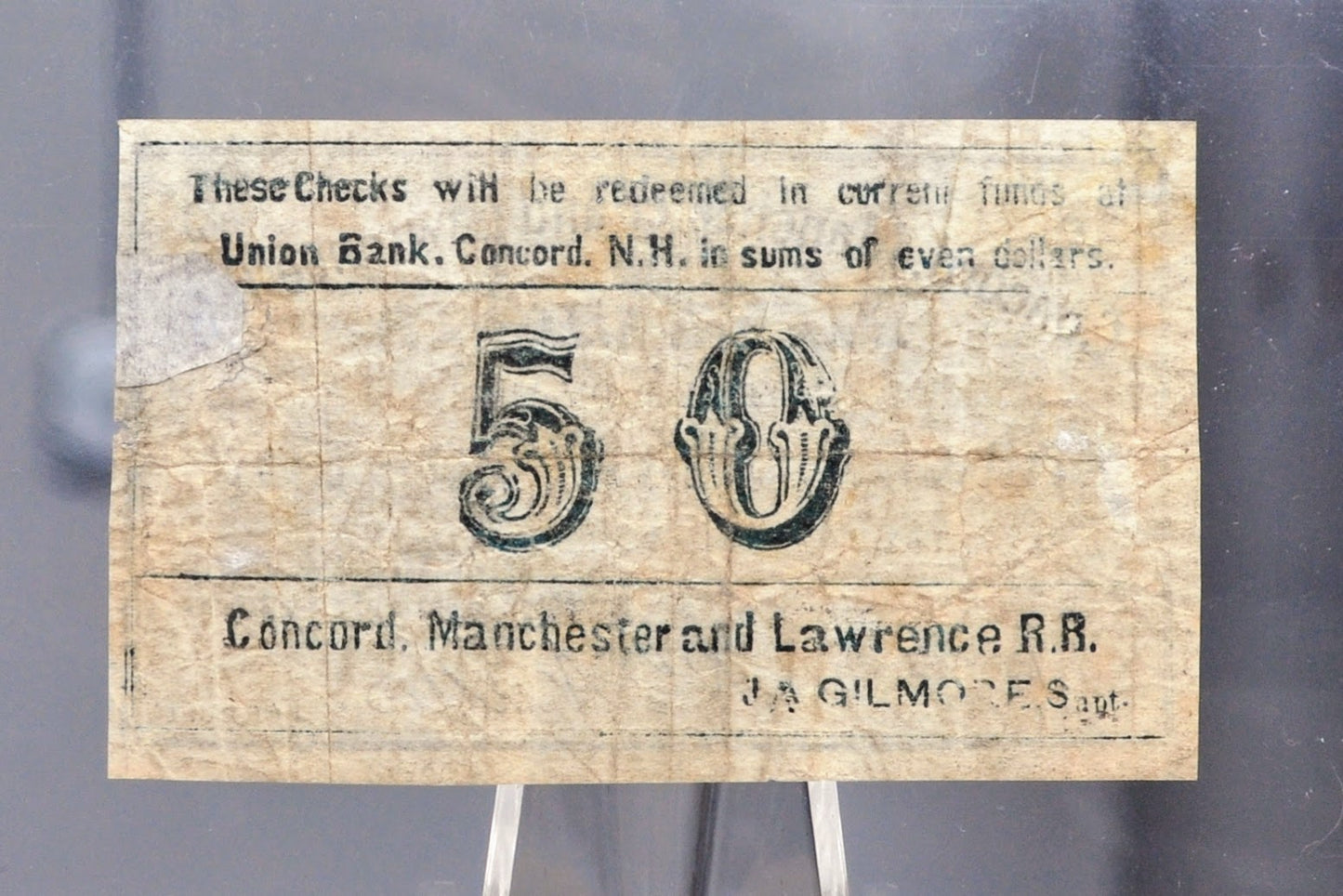 1862 Concord, Manchester & Lawrence Railroad 50 Cents Scrip - Nov 1st, 1862 - Rare Civil War New Hampshire Railroad Obsolete Fifty Cent Note