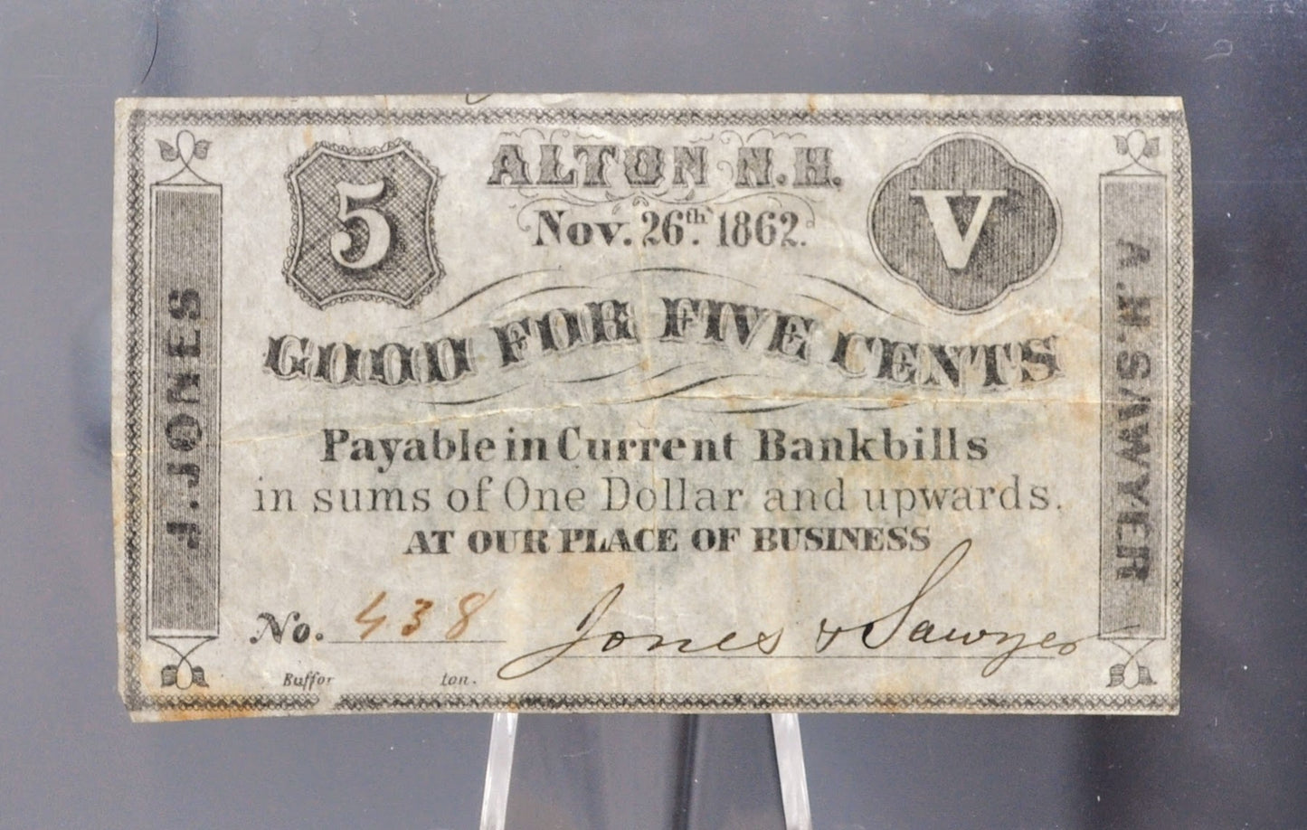 1862 Alton NH Jones and Sawyer 5 Cents Merchant Scrip - Nov 26th, 1862 - Civil War Era New Hampshire Obsolete Five Cent Merchant Note