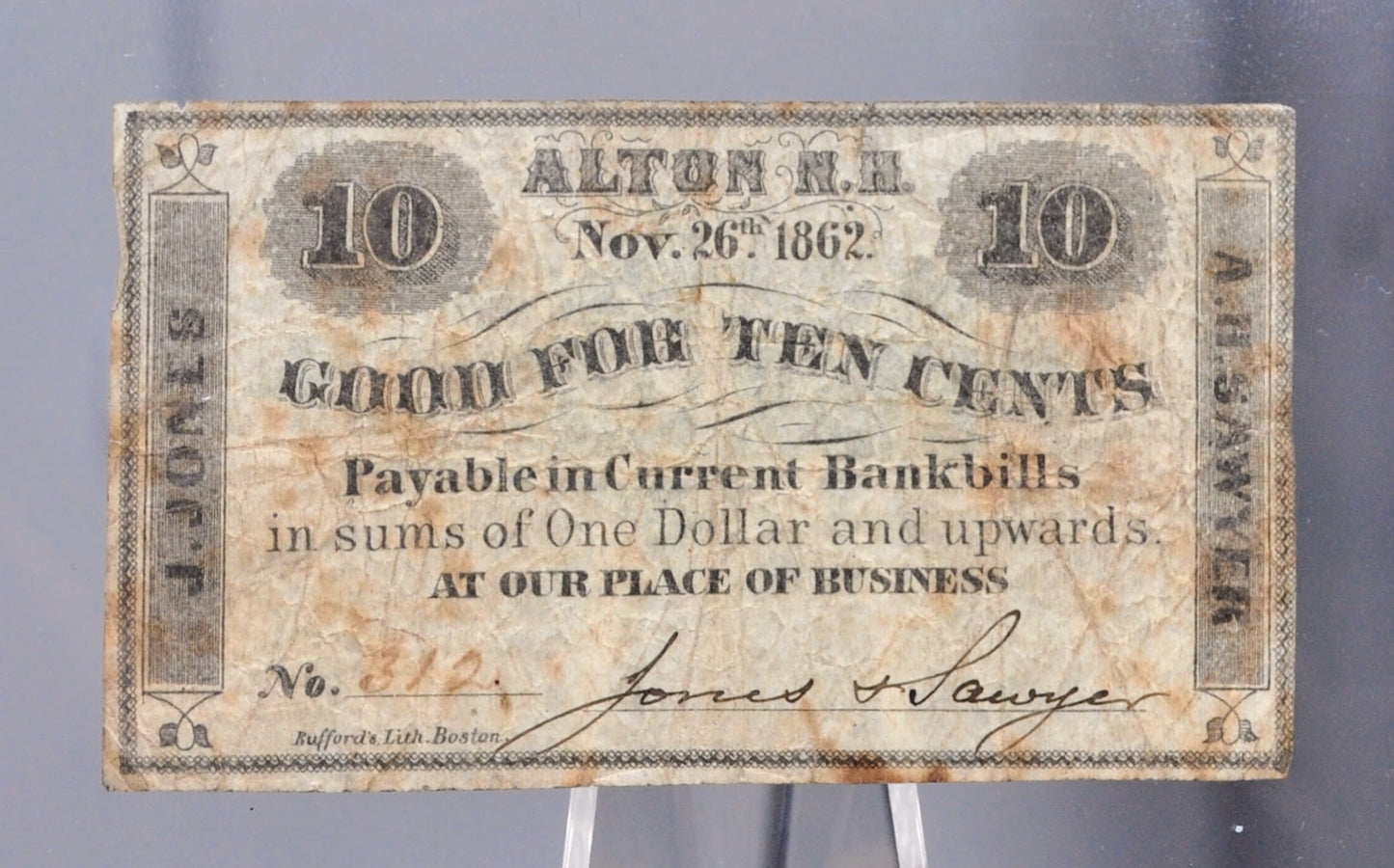 1862 Alton NH Jones and Sawyer 10 Cents Merchant Scrip - Nov 26th, 1862 - Civil War Era New Hampshire Obsolete Ten Cent Merchant Note