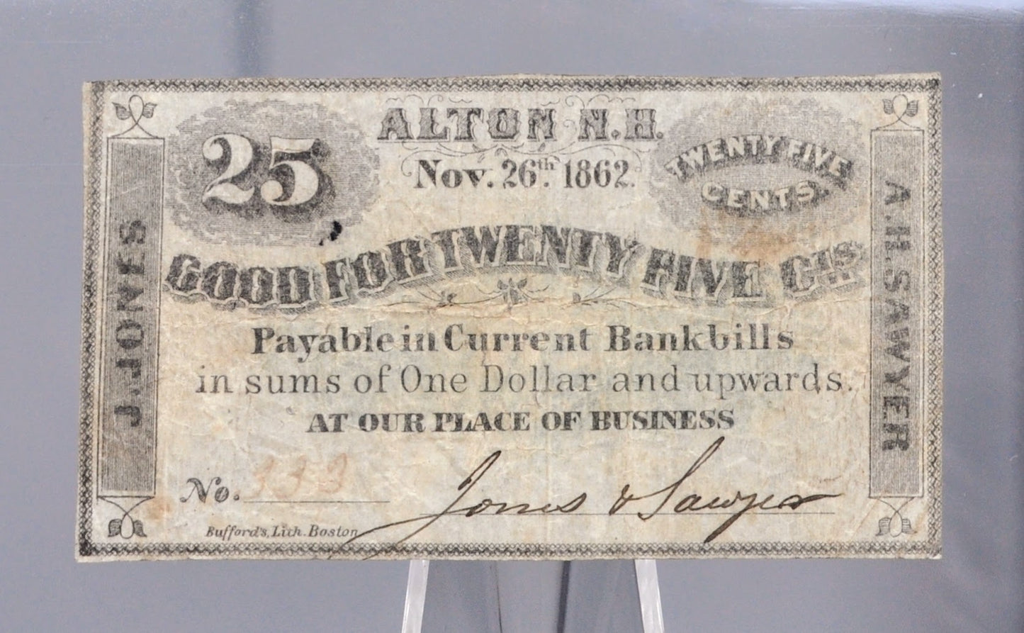 1862 Alton NH Jones and Sawyer 25 Cents Merchant Scrip - Nov 26th, 1862 - Civil War Era New Hampshire Obsolete Twenty-Five Cent Note