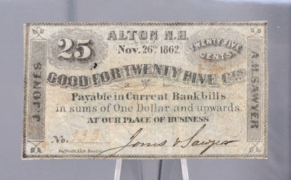 1862 Alton NH Jones and Sawyer 25 Cents Merchant Scrip - Nov 26th, 1862 - Civil War Era New Hampshire Obsolete Twenty-Five Cent Note