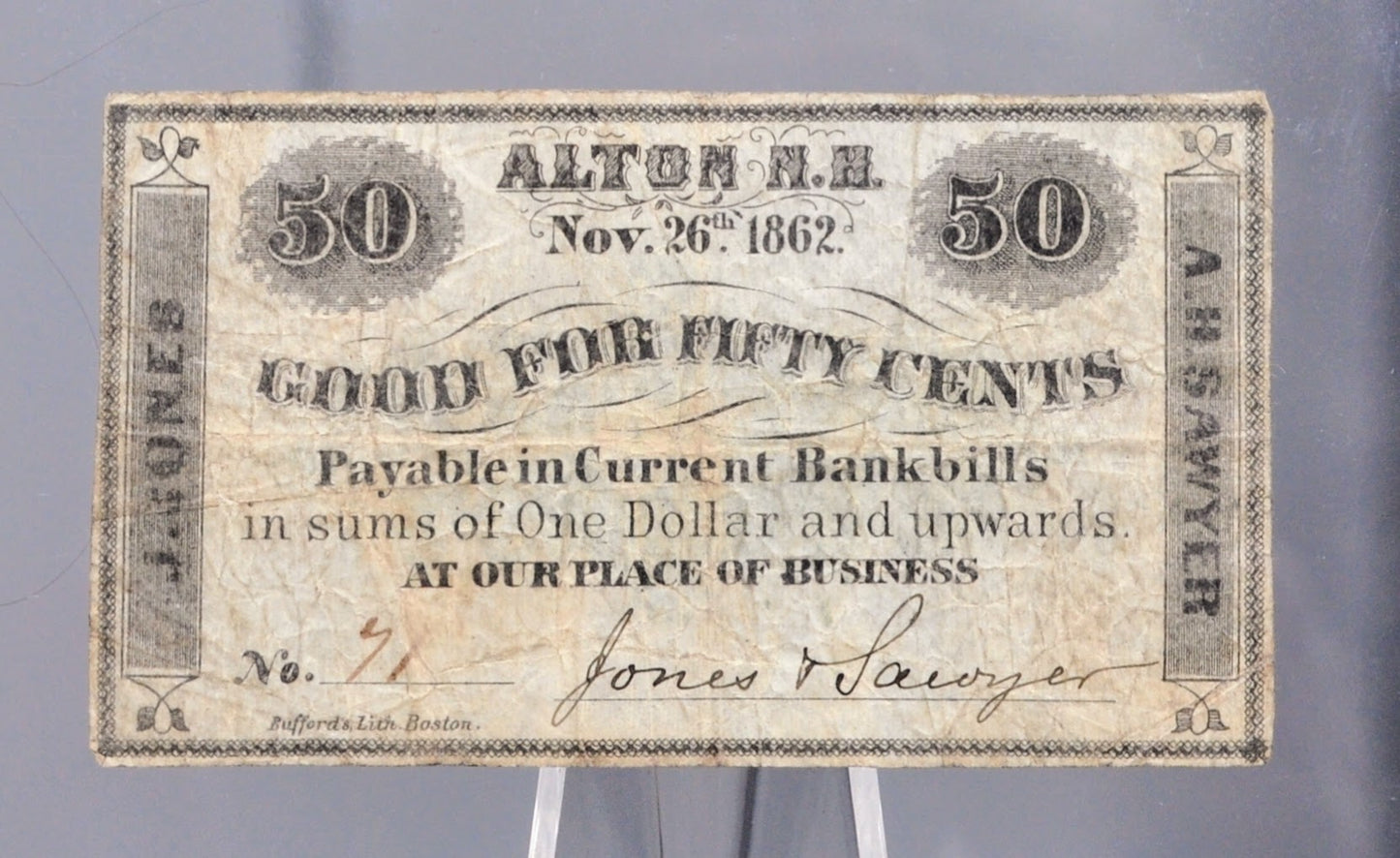 1862 Alton NH Jones and Sawyer 50 Cents Merchant Scrip - Nov 26th, 1862 - Civil War Era New Hampshire Obsolete Fifty Cent Merchant Note