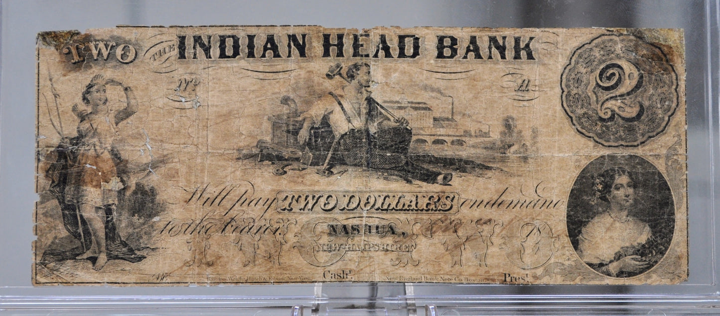 1800s Indian Head Bank 2 Dollar Obsolete Note - Very Good (VG) Grade - Nashua New Hampshire - Nashua Indian Head Bank Two Dollar Banknote