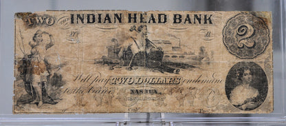 1800s Indian Head Bank 2 Dollar Obsolete Note - Very Good (VG) Grade - Nashua New Hampshire - Nashua Indian Head Bank Two Dollar Banknote