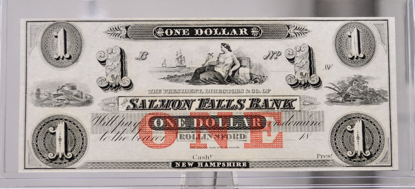 1800s Salmon Falls Bank 1 Dollar Obsolete Note - Uncirculated Remainder - Rollinsford New Hampshire - 1860s Salmon Falls One Dollar Banknote