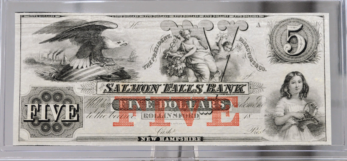 1800s Salmon Falls Bank 5 Dollar Obsolete Note - Uncirculated Remainder - Rollinsford New Hampshire - 1860s Salmon Falls Five Dollars Note