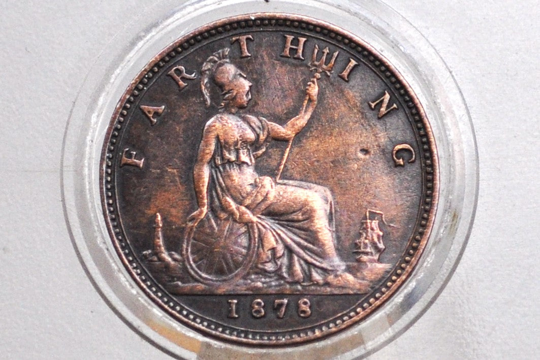 1878 Farthing Great Britain - XF, Beautiful Coin - UK Farthing 1878 - Queen Victoria Young Head - Bronze