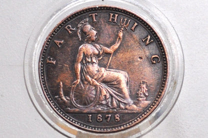 1878 Farthing Great Britain - XF, Beautiful Coin - UK Farthing 1878 - Queen Victoria Young Head - Bronze
