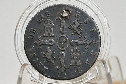 1850 Spanish 8 Maravedis - Great Detail, Holed - Isabel II of Spain - Copper - Spain Isabel II Coin - Eight Maravedis 1850