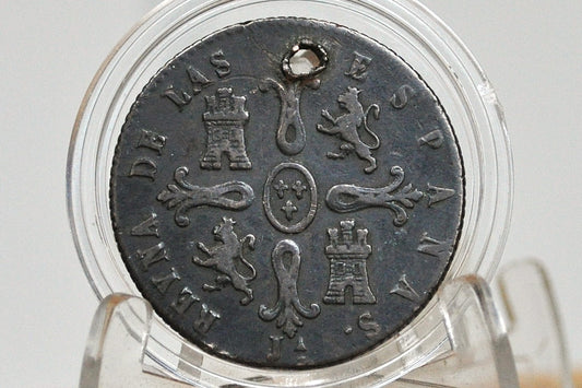 1850 Spanish 8 Maravedis - Great Detail, Holed - Isabel II of Spain - Copper - Spain Isabel II Coin - Eight Maravedis 1850