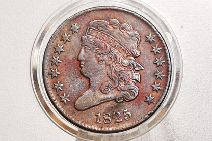 1825 Half Cent - AU (AU53) Condition / Grade - Classic Head Half Cent - 1825 Classic Head Cent - 1825 Half Penny, Very Low Mintage Date
