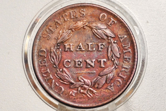 1825 Half Cent - AU (AU53) Condition / Grade - Classic Head Half Cent - 1825 Classic Head Cent - 1825 Half Penny, Very Low Mintage Date