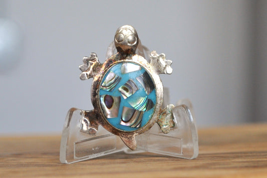 Blue Turtle Mexican Taxco Abalone Shell Pendant/Brooch made from .925 Sterling Silver - Abalone Shell Pendant/Brooch in .925 Sterling Silver, Handmade in Taxco, Mexico Turquoise Turtle