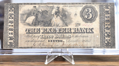 1855 The Exeter Bank 3 Dollar Obsolete Note - Exeter New Hampshire Obsolete - Rarer 1855 Exeter Bank NH Three Dollar Obsolete Banknote
