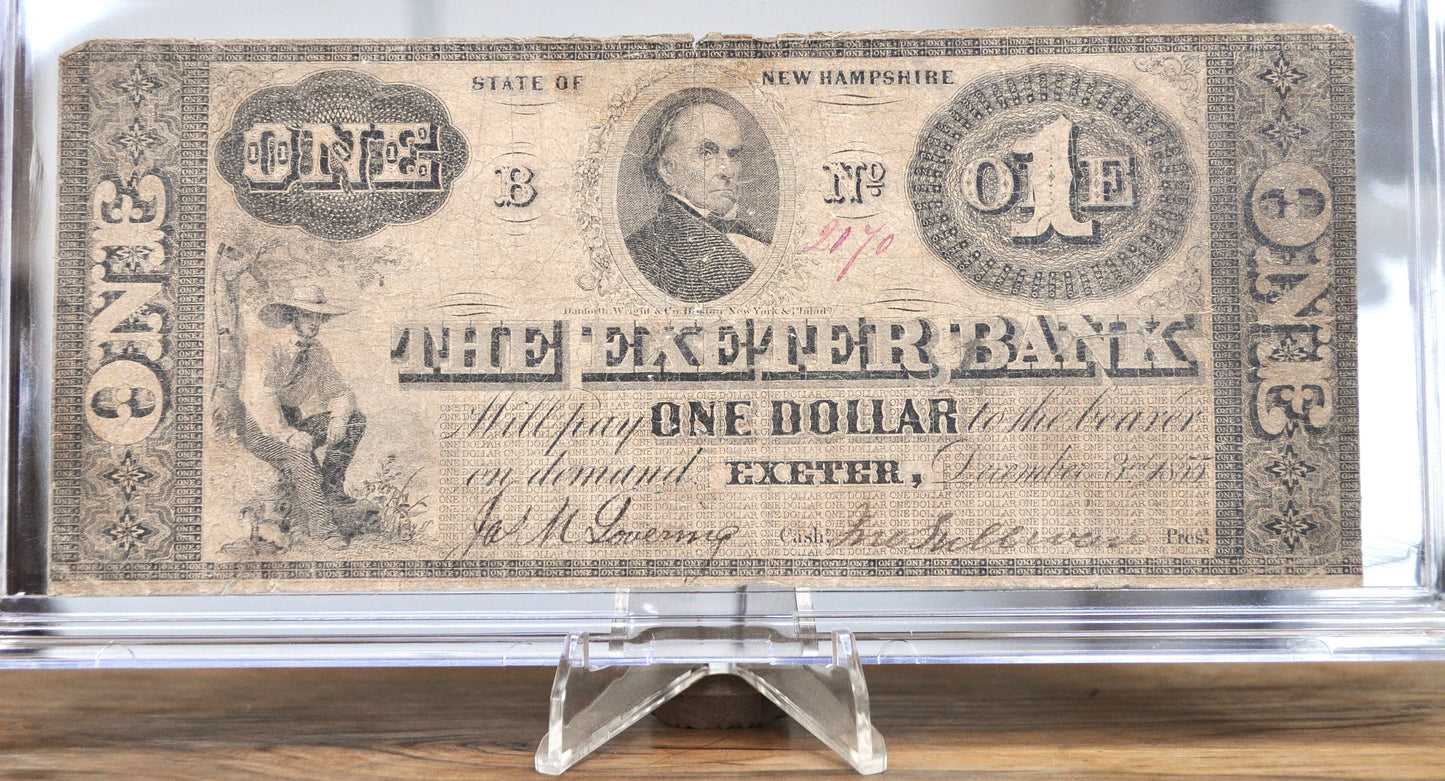 1855 The Exeter Bank 1 Dollar Obsolete Note - Exeter New Hampshire Obsolete - Rarer 1855 Exeter Bank NH One Dollar Obsolete Banknote