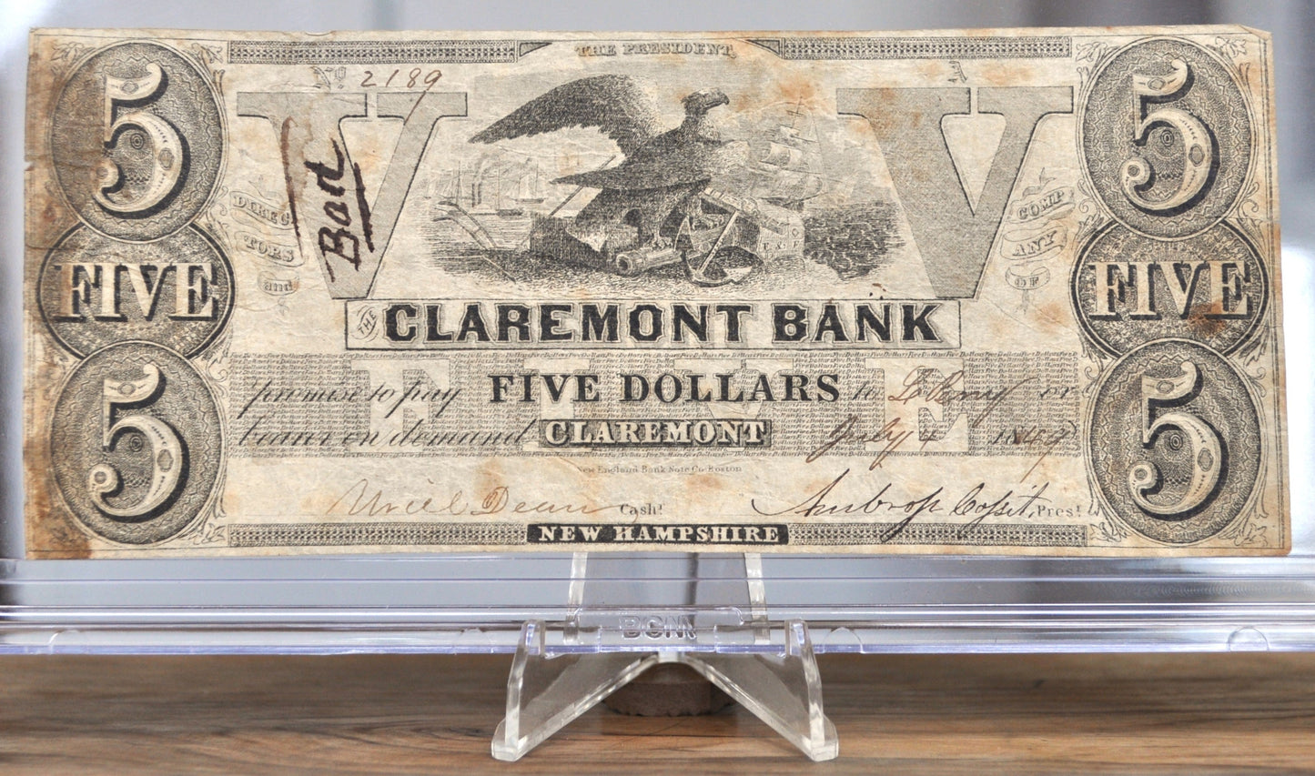 1849 Claremont Bank 5 Dollar Obsolete Note - Stamped Counterfeit - Claremont New Hampshire - 1849 Claremont Obsolete Five Dollars Note