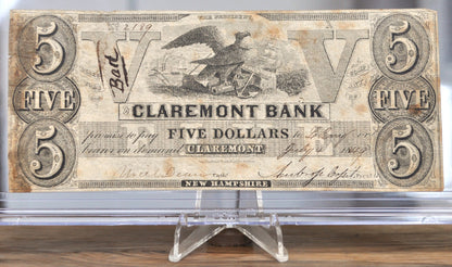 1849 Claremont Bank 5 Dollar Obsolete Note - Stamped Counterfeit - Claremont New Hampshire - 1849 Claremont Obsolete Five Dollars Note
