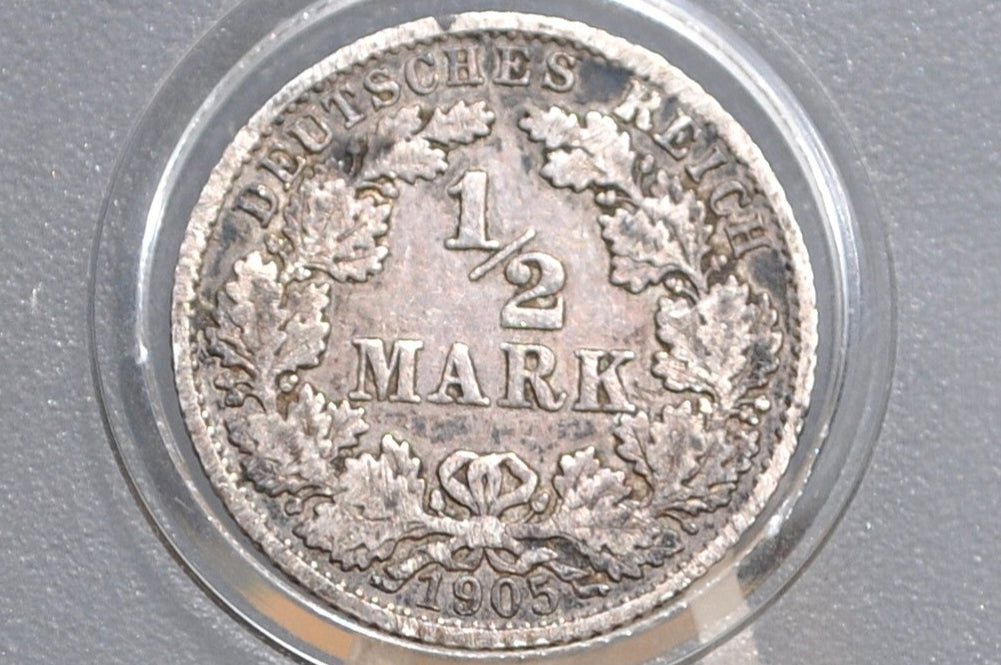 1905 German 1/2 Mark, F Mint Mark - Fine Condition - German Empire Silver One Half Mark 1905, Silver Half Mark 1905 H, Great Coin -