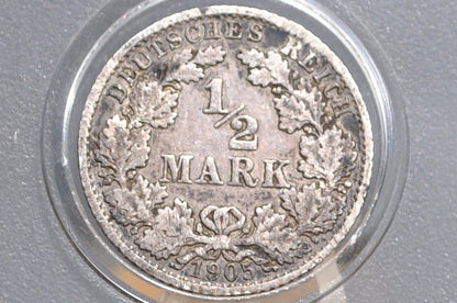 1905 German 1/2 Mark, F Mint Mark - Fine Condition - German Empire Silver One Half Mark 1905, Silver Half Mark 1905 H, Great Coin -
