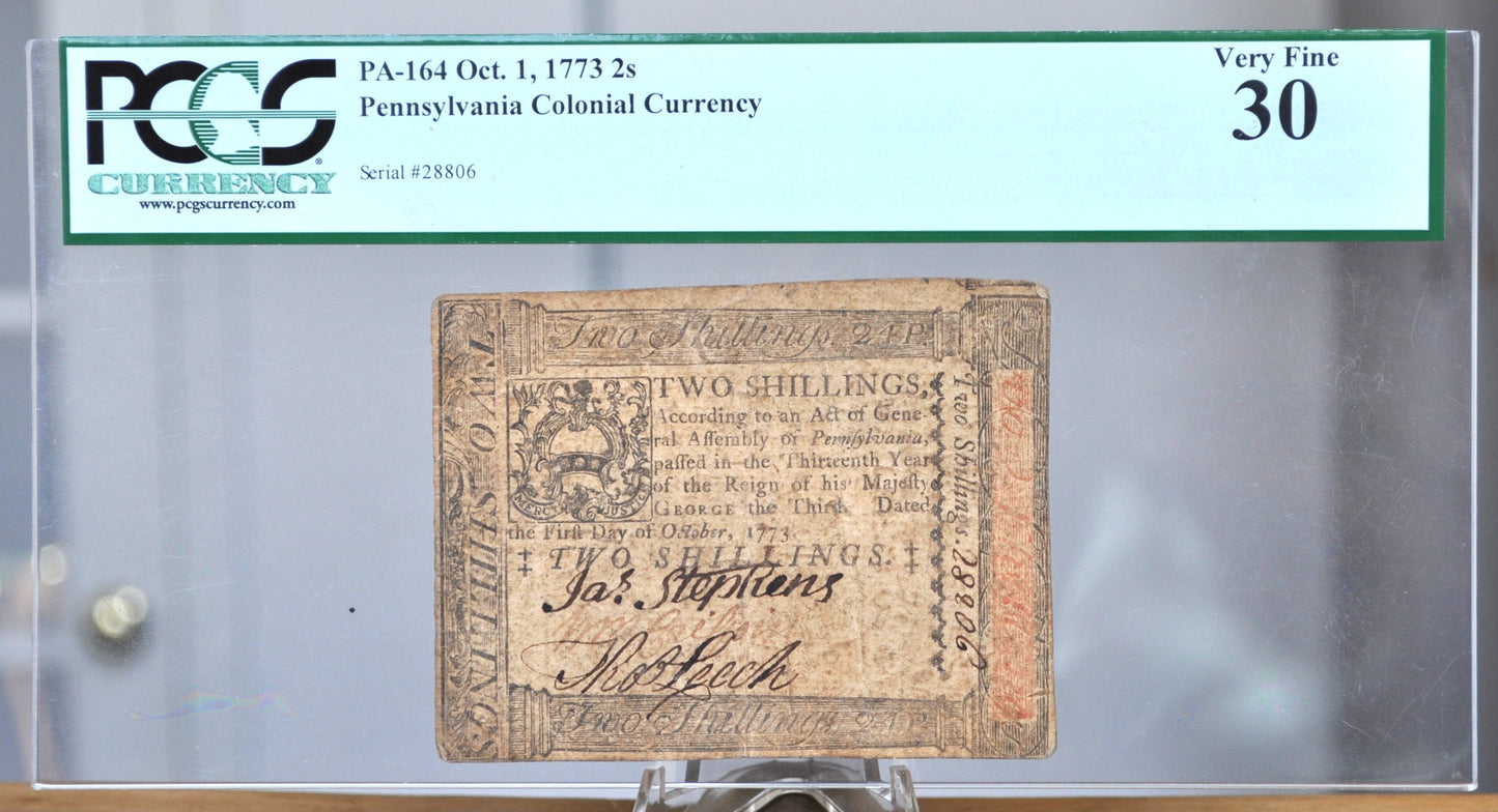 October 1st, 1773 Pennsylvania 2 Shillings Colonial Currency Note - PCGS VF30 - 1773 Two Shillings Colonial Pennsylvania Note - PA-164