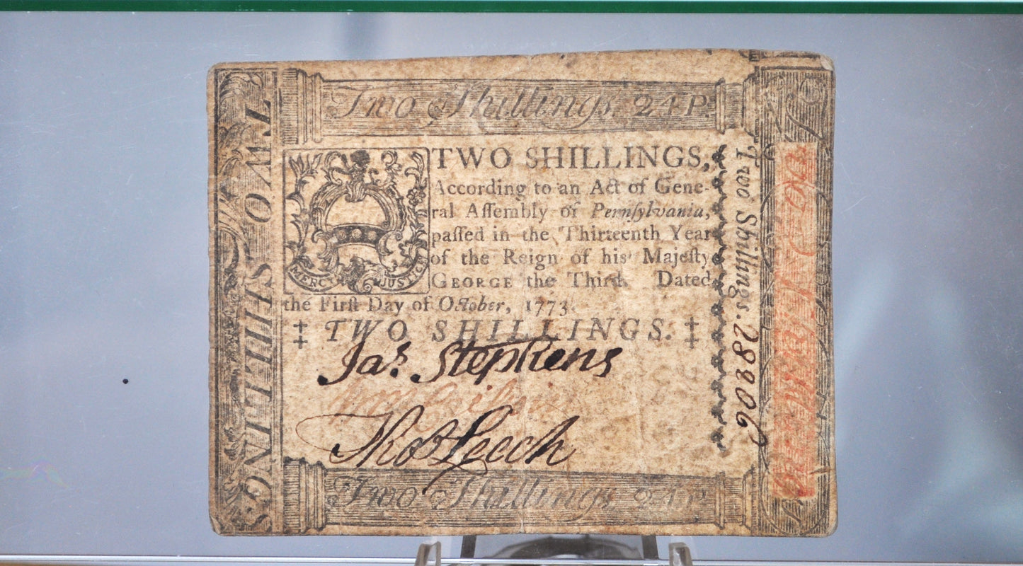 October 1st, 1773 Pennsylvania 2 Shillings Colonial Currency Note - PCGS VF30 - 1773 Two Shillings Colonial Pennsylvania Note - PA-164