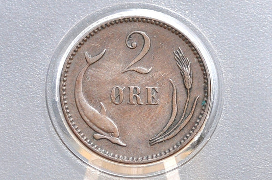 Great Year 1907 Danish 2 Ore, Porpoise / Dolphin Coin - UNC - 1900s Denmark Dolphin Coin / Porpoise Coin, Denmark 2 Ore -