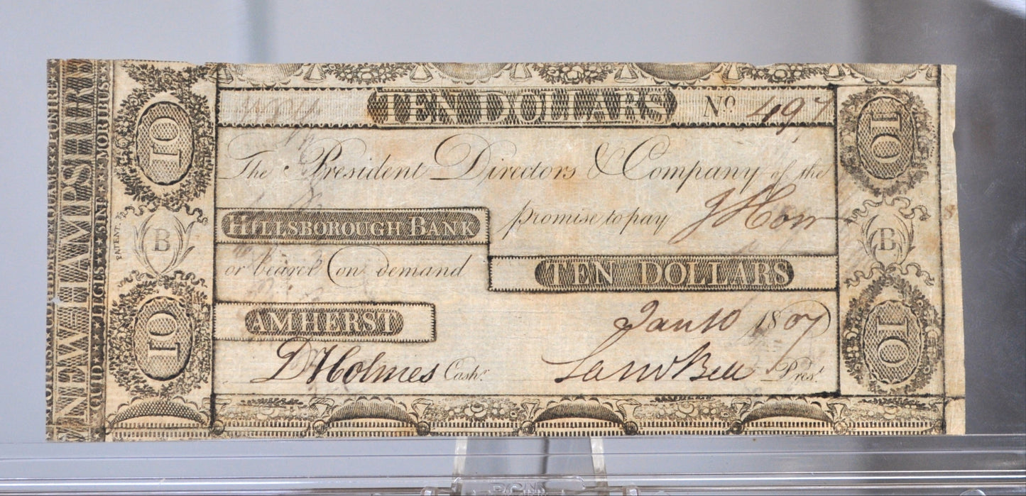 1807 Hillsborough Bank 10 Dollar Banknote - New Hampshire Obsolete - Early American Banknote - 1807 Ten Dollar Obsolete Note Amherst NH