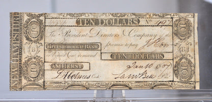 1807 Hillsborough Bank 10 Dollar Banknote - New Hampshire Obsolete - Early American Banknote - 1807 Ten Dollar Obsolete Note Amherst NH